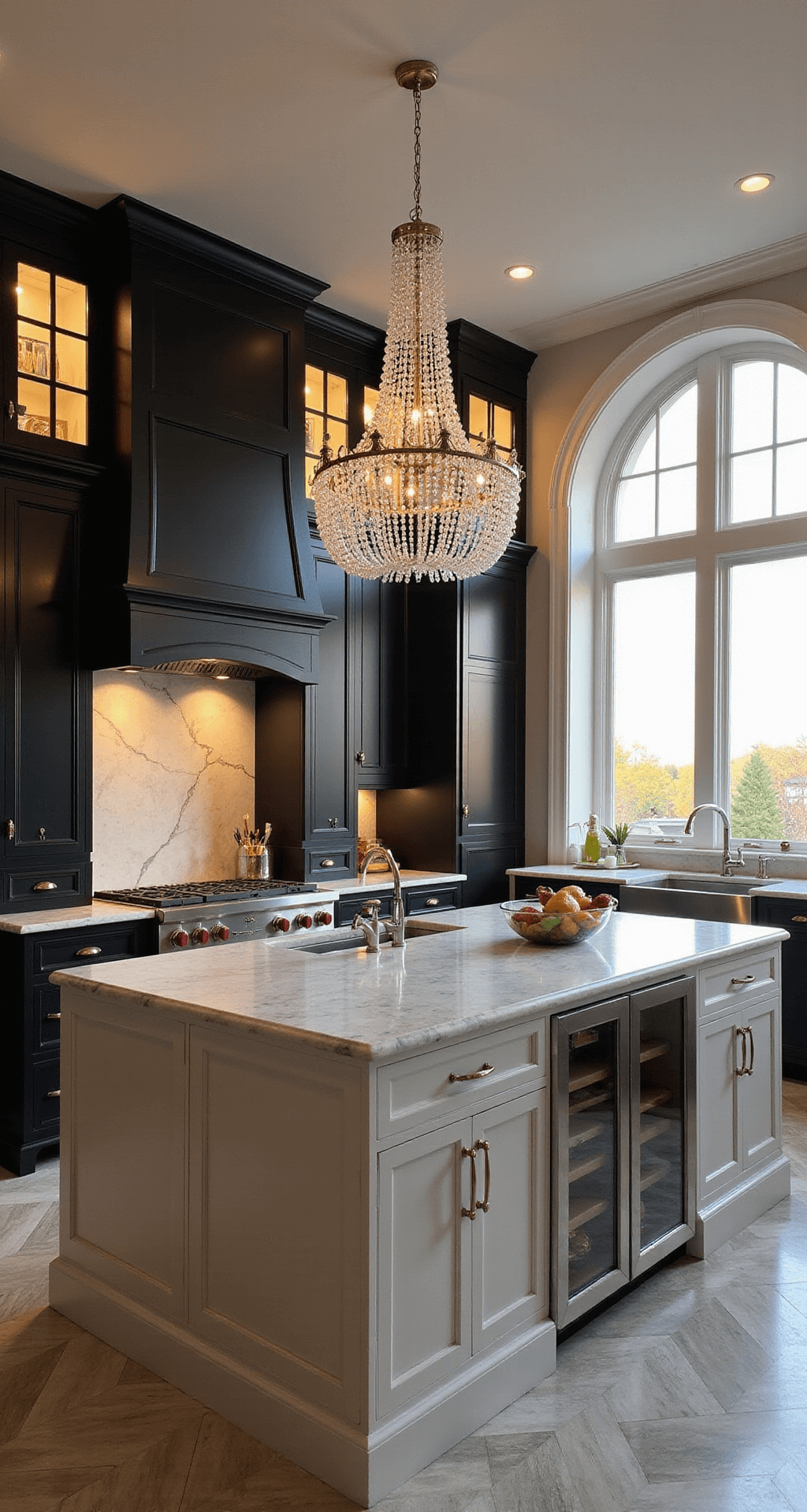 A bird's eye view of a luxe transitional kitchen featuring arched doorways, black integrated appliances, white cabinets with glass uppers, Calacatta marble counters and backsplash, a crystal chandelier over the island, herringbone marble flooring, and dramatic lighting in warm evening tones, evoking an elegant glamour mood.