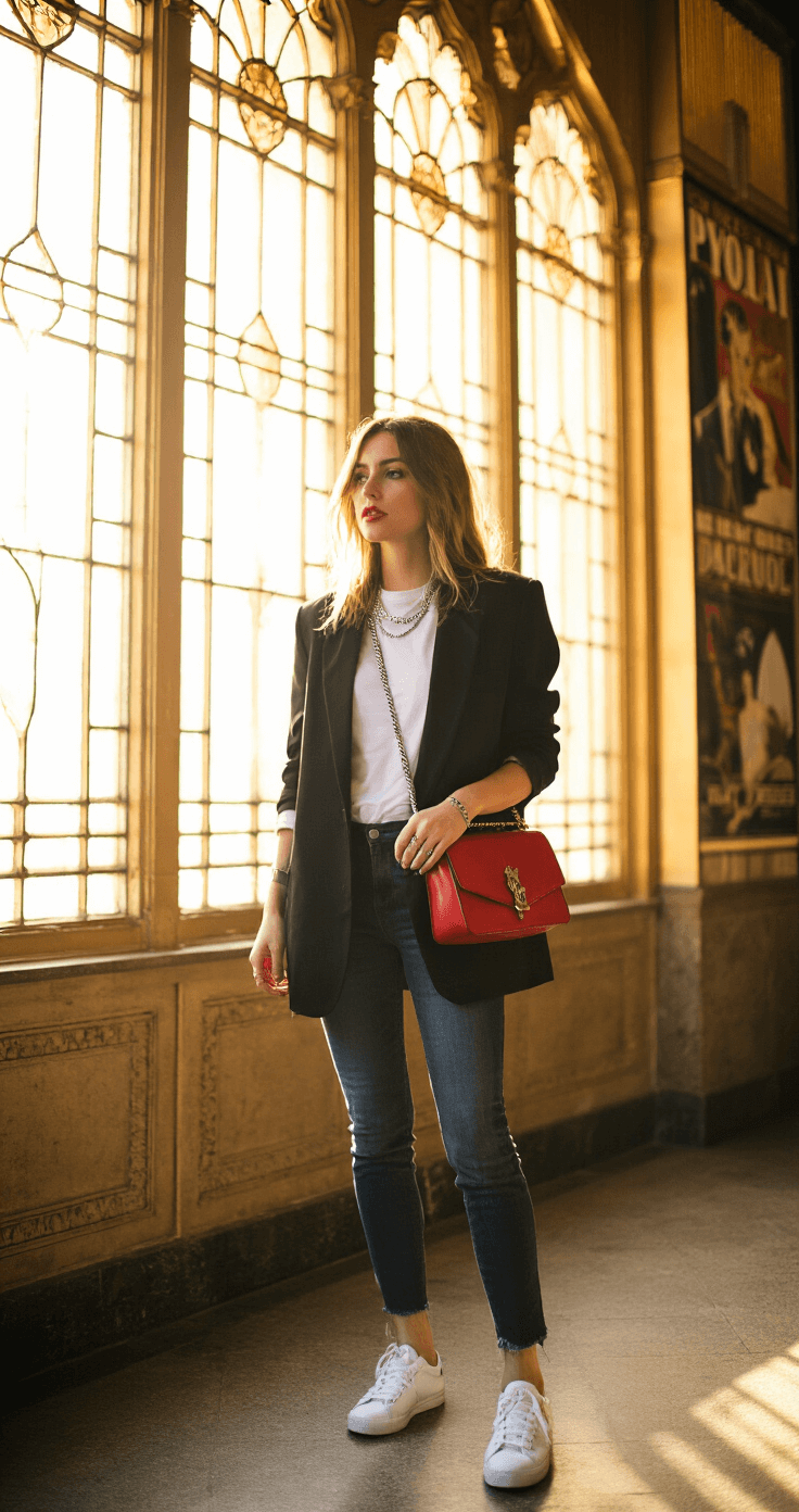 A woman dressed in dark skinny jeans, a white fitted t-shirt, and an oversized black blazer stands in a historic theater lobby during golden hour, with sunlight streaming through art deco windows. She carries a red leather crossbody bag and wears silver layered necklaces and classic white sneakers, all set against a backdrop of architectural details and vintage movie posters in soft focus.