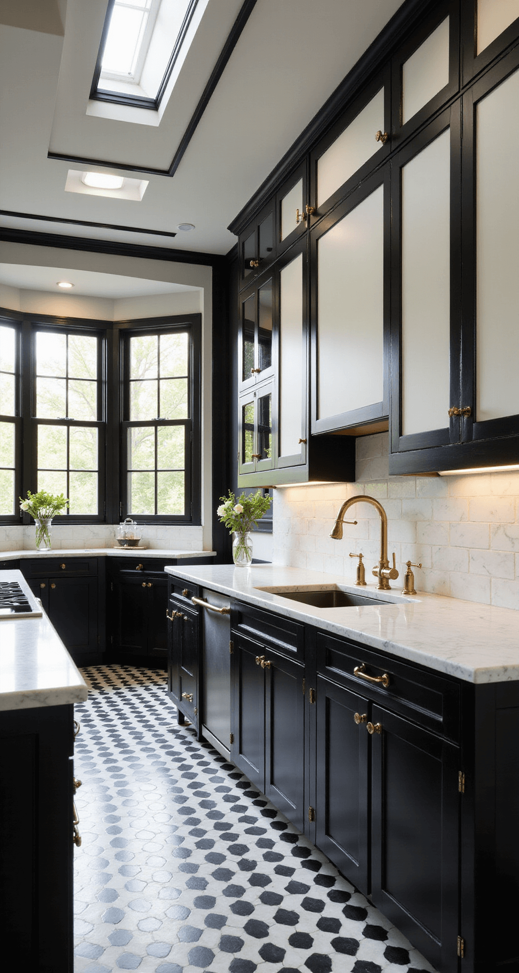 Art Deco inspired kitchen featuring a stepped ceiling, geometric windows allowing late afternoon light, two-tone geometric cabinets with black frames and white panels, gold hardware, a black and white checkered floor, and white marble countertops with black veining, all captured in a symmetrical composition with dramatic side lighting highlighting the cabinet details.