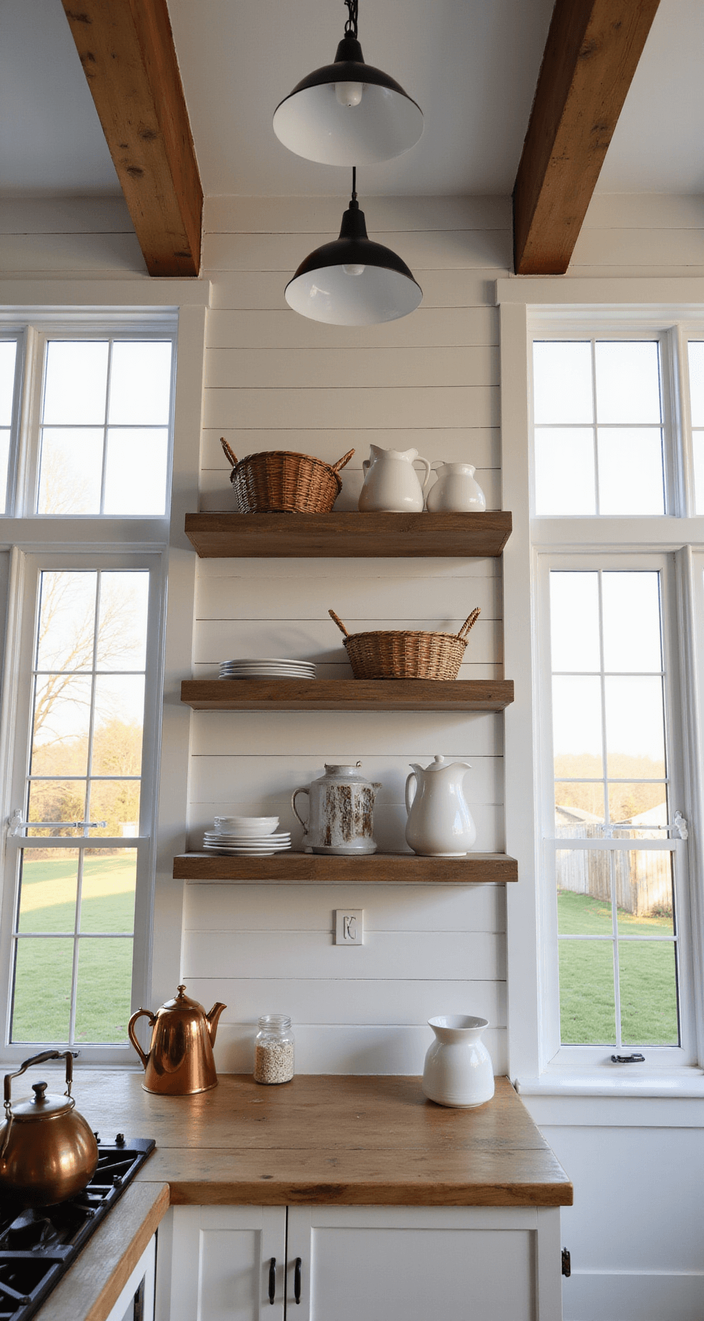 A modern farmhouse kitchen bathed in golden morning light, featuring a vaulted ceiling with exposed beams, weathered oak open shelving adorned with vintage ceramics and woven baskets, a butcher block counter with a copper kettle and sourdough starter jar, all capturing a warm and inviting atmosphere.