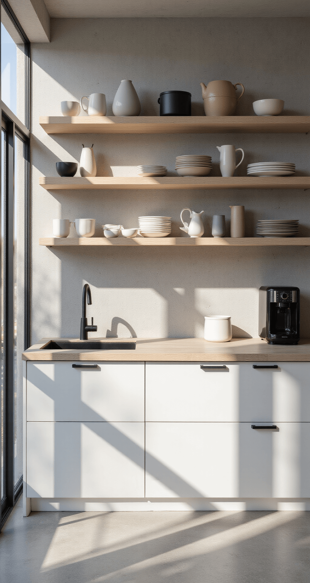 Minimalist Scandinavian kitchen featuring floor-to-ceiling windows, floating white oak shelves on a concrete-look wall, and a collection of handmade ceramics in cream, dove gray, and pale pink, with matte black accents, illuminated by late afternoon light casting long shadows.