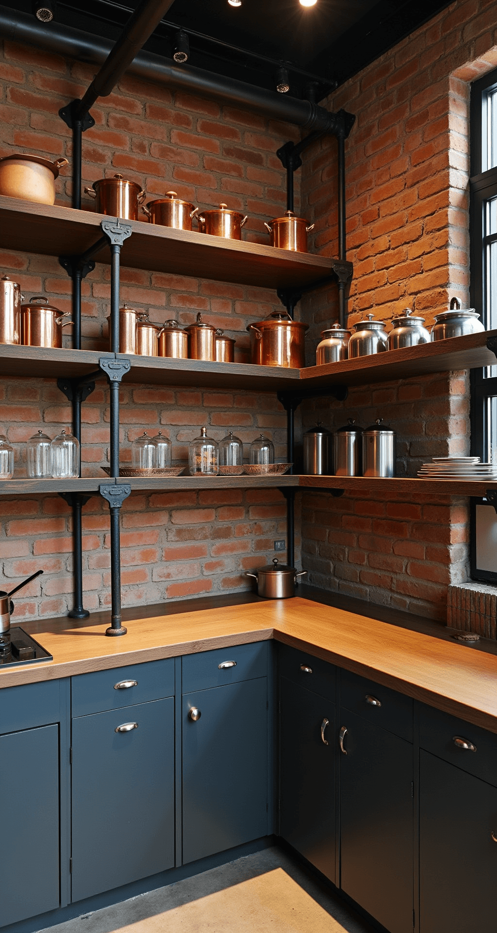 A low angle view of an industrial loft kitchen featuring 14-foot exposed brick walls, black iron pipe shelving with copper cookware and glass canisters, and concrete countertops, all illuminated by moody overhead track lighting that casts dramatic shadows.