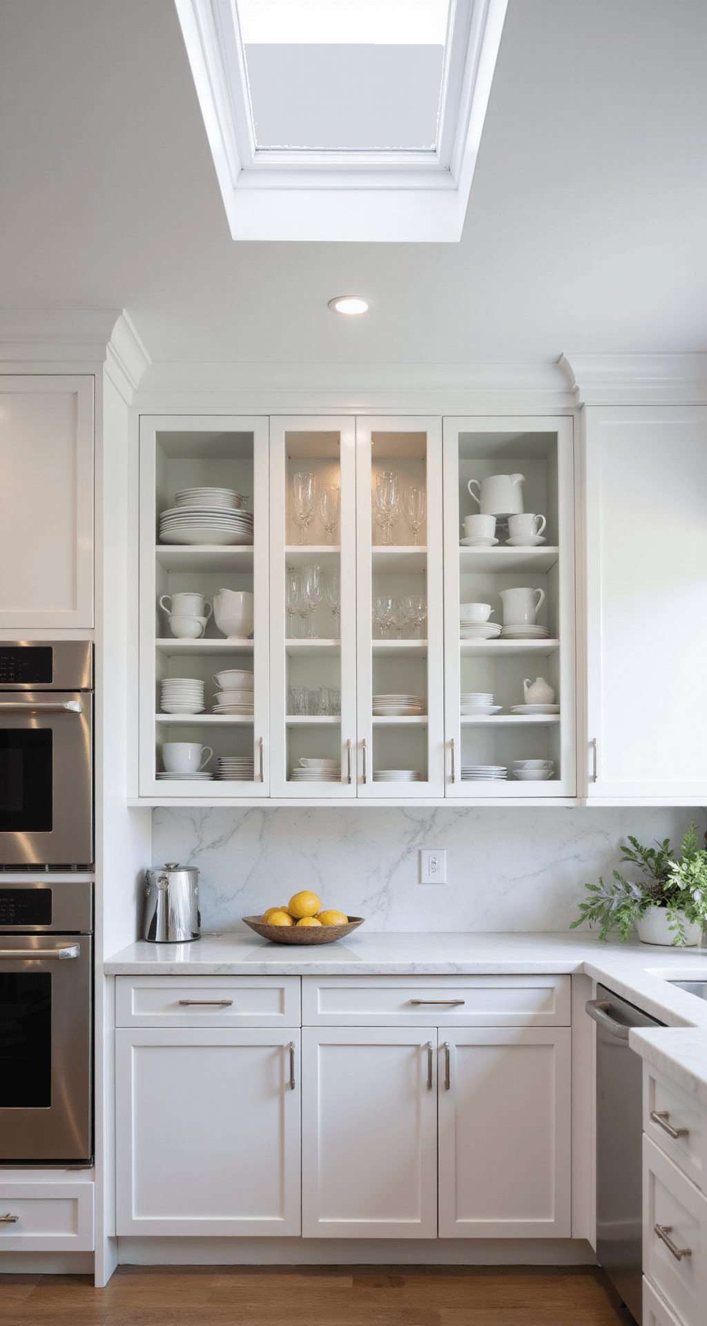 A contemporary white kitchen featuring 9-foot ceilings, a marble backsplash, and mid-morning light from a skylight, showcasing glass-front upper cabinets with LED lighting and an organized collection of white porcelain dinnerware and crystal stemware. Polished chrome hardware and stainless steel appliances complement the clean, sophisticated atmosphere.
