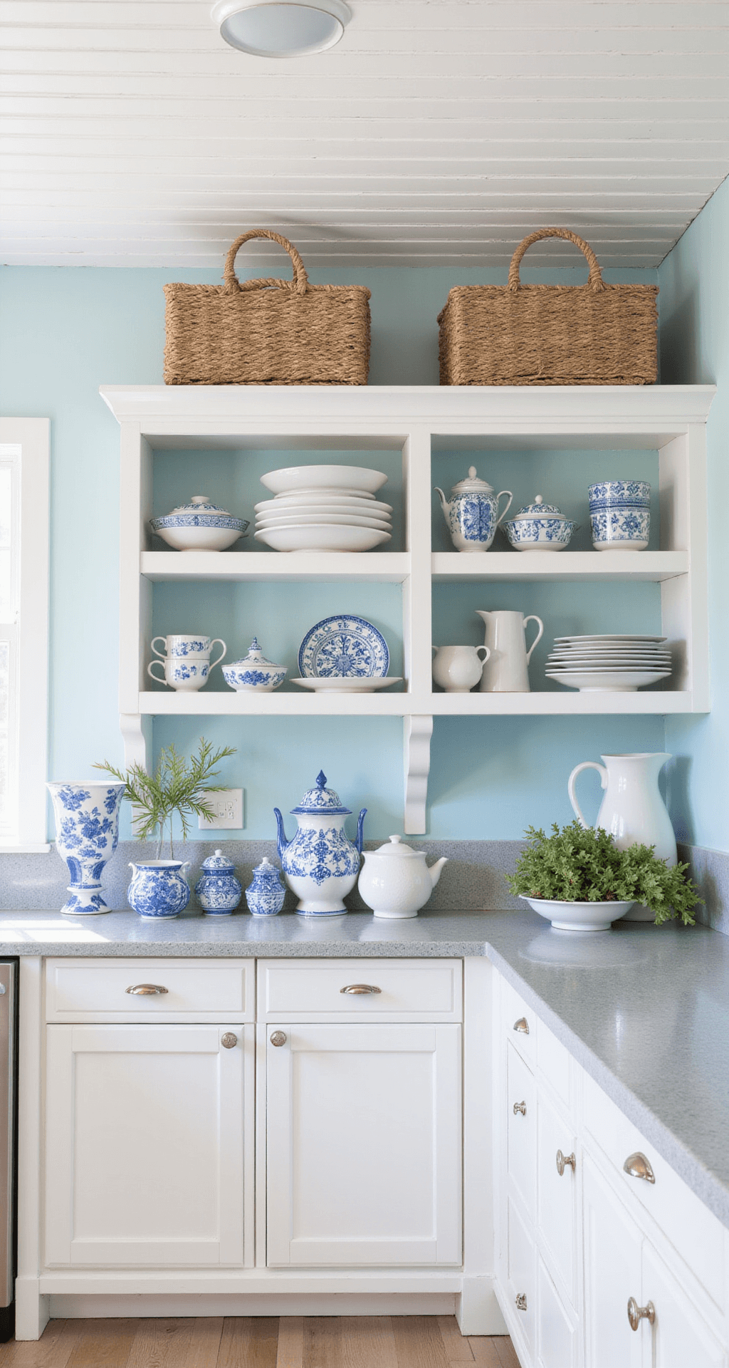 High angle shot of a coastal kitchen featuring a white beadboard ceiling and pale blue walls, illuminated by bright natural light. Open shelving made of whitewashed wood displays blue and white chinaware, sea glass, and white ceramics, while rattan baskets and rope accents add texture to the bright and breezy atmosphere.