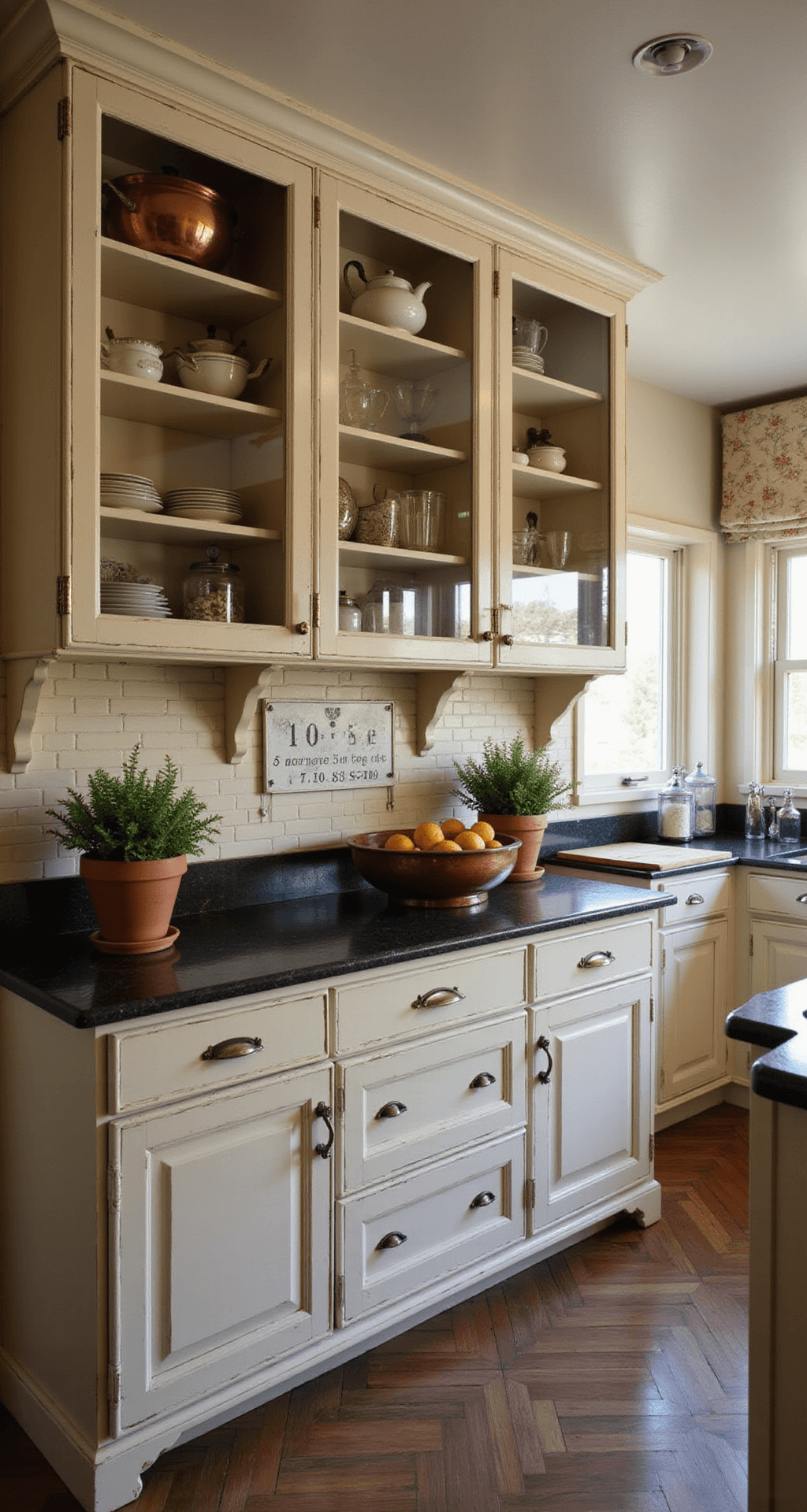 French country kitchen with herringbone tile floor, featuring distressed cream cabinets filled with vintage copper, white ironstone, and antique silver. Fresh herbs in terra cotta pots under warm evening lighting, creating a romantic ambiance.