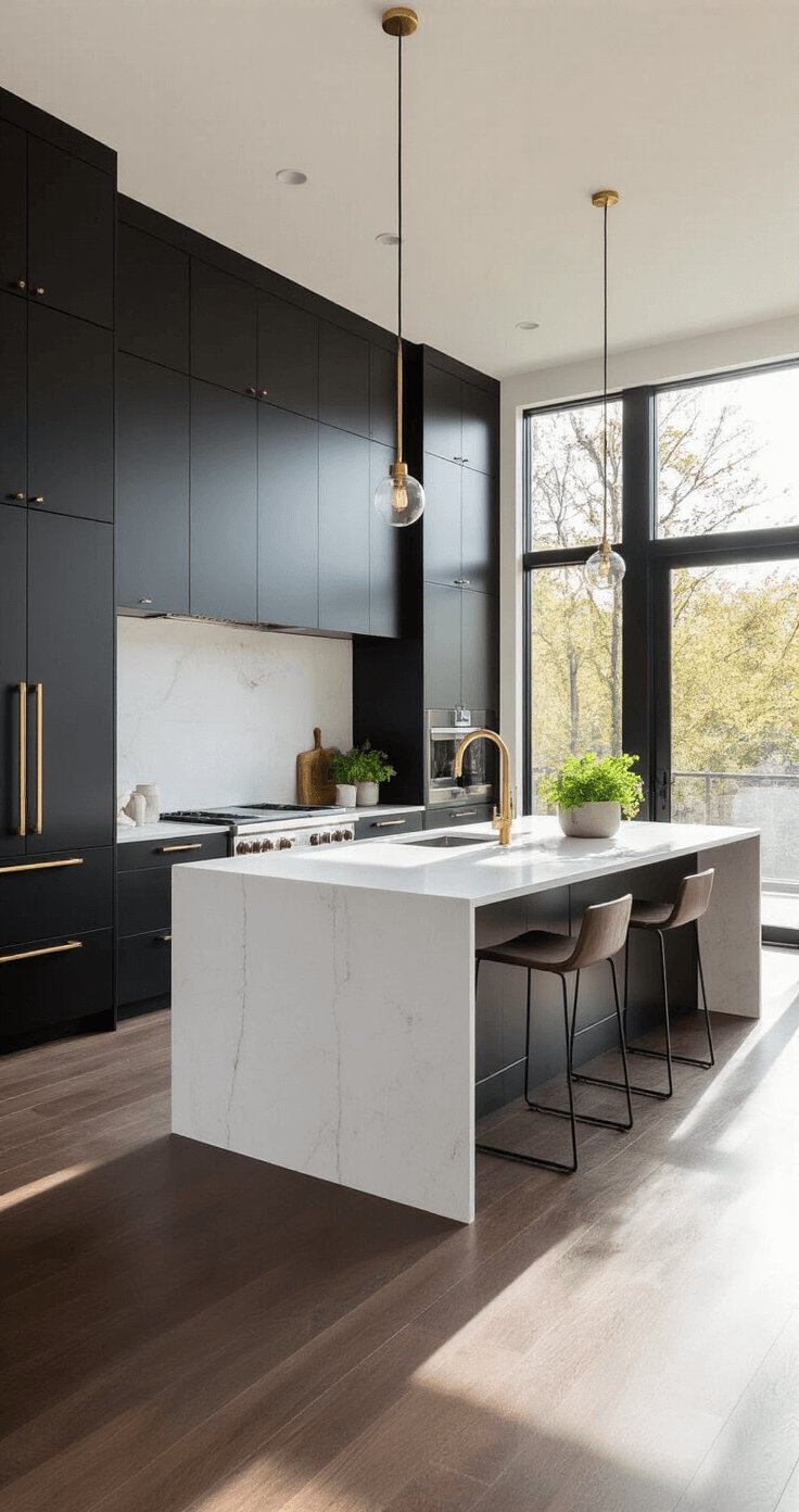A modern L-shaped kitchen with matte black aluminum cabinets and a white quartz waterfall island, illuminated by morning light through floor-to-ceiling windows. The space features brushed gold fixtures, minimalist pendant lights, dark hardwood floors, and decorative geometric ceramics with fresh herbs in concrete planters.