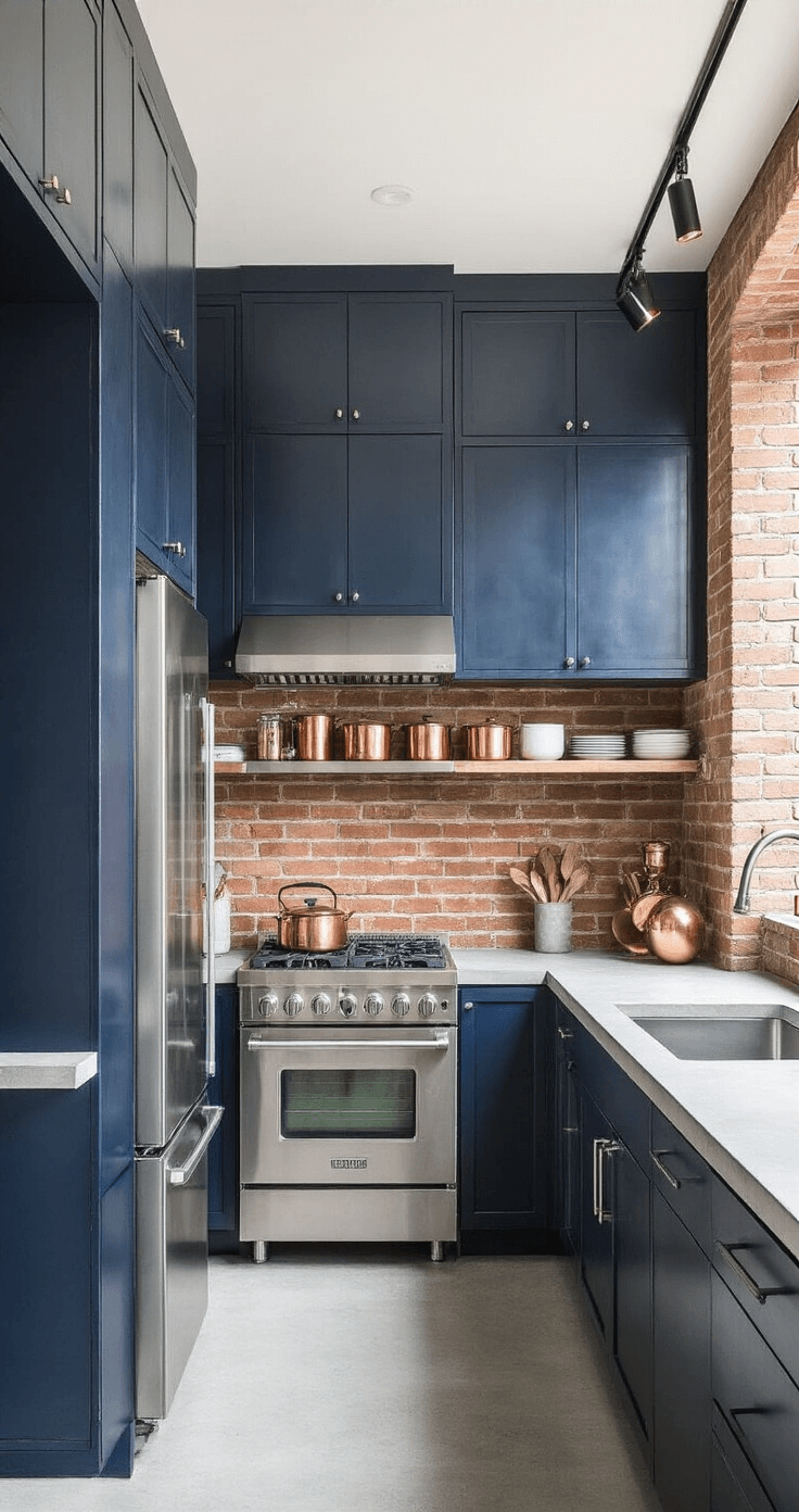 Interior view of a compact 12'x14' galley kitchen featuring navy blue aluminum cabinets and concrete countertops, with stainless steel appliances and an exposed brick wall. The image is taken from the end of the galley, showcasing dramatic shadows from track lighting, and displays warm copper cookware on open shelving.