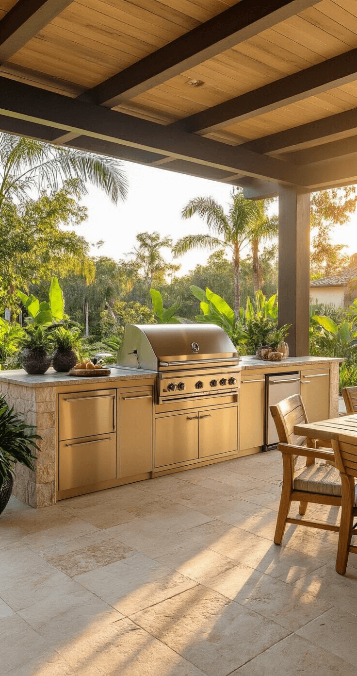 Sunset-lit outdoor kitchen pavilion with champagne-colored aluminum cabinets, exposed beam ceiling, and natural stone flooring, featuring a built-in grill station, tropical plants in ceramic planters, and teak furniture accents, captured from a low-angle perspective.