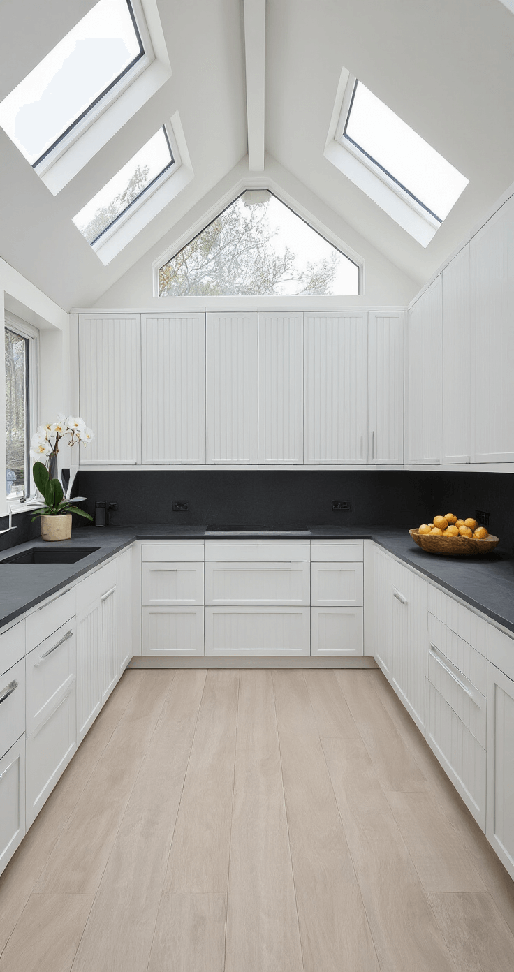 A minimalist white aluminum kitchen with handleless cabinets featuring vertical grooves, integrated appliances, and black stone countertops, illuminated by morning light, with a fruit bowl and single orchid plant for styling.