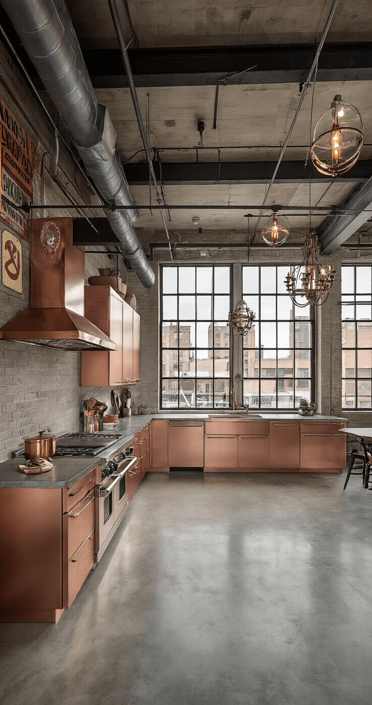 Urban loft kitchen featuring industrial-style rose gold aluminum cabinets, polished concrete floors, and exposed ductwork, with a diagonal camera angle highlighting depth and architectural details, accented by mixed lighting from factory windows and modern chandeliers, and styled with vintage metal signs and copper cookware.