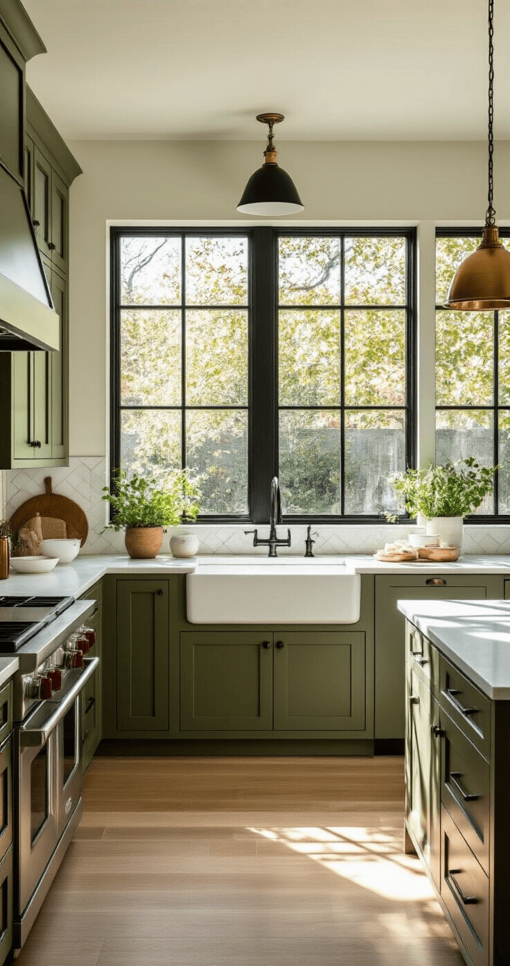 Sunlit modern kitchen featuring olive green shaker cabinets, white quartz countertops, matte black hardware, brass pendant lights, and natural white oak flooring, with copper cookware and potted herbs accenting the space.
