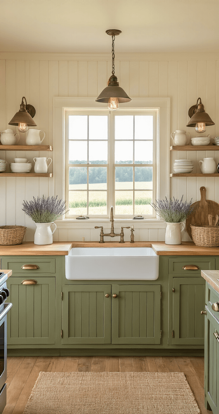 A cozy farmhouse-style kitchen with olive green beadboard cabinets and cream-colored walls, featuring a farmhouse sink beneath a window. The space is illuminated by Edison bulb sconces, with open wooden shelving displaying ironstone pitchers and earthenware, and a butcher block island in the center. Dried lavender and woven baskets add texture to the warm ambiance at golden hour.