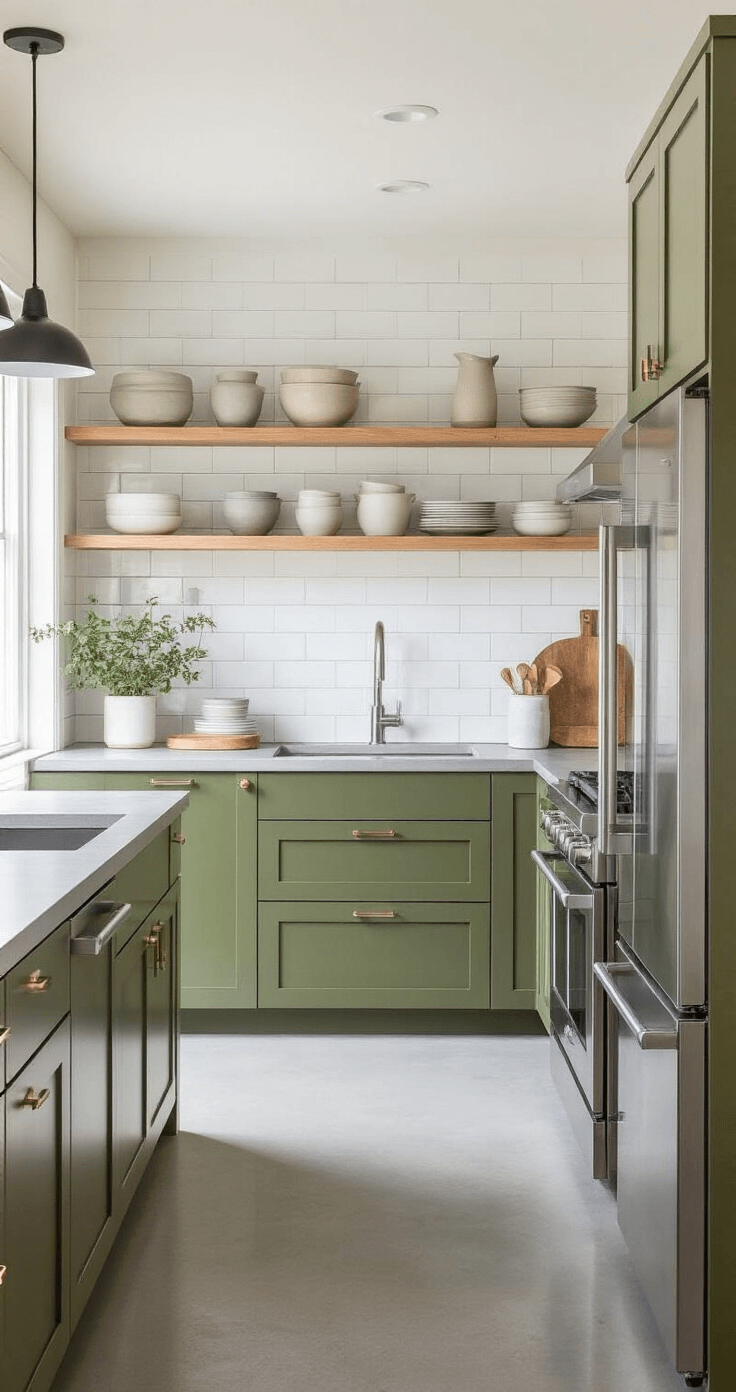 A Scandinavian-inspired kitchen featuring olive green slab cabinets, stainless steel appliances, white subway tiles, light ash wood open shelving with monochromatic ceramics, concrete countertops, and ample natural lighting, highlighting clean lines and minimalist design.