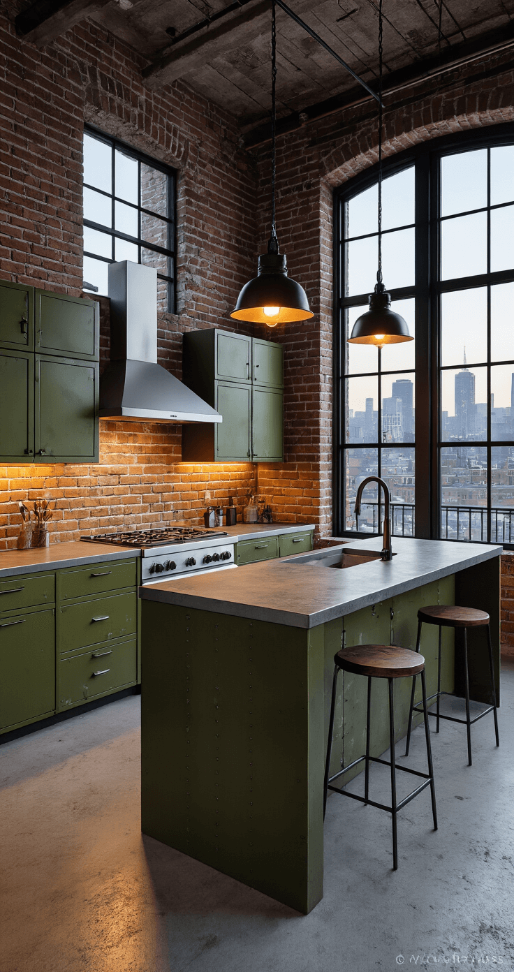 Industrial loft kitchen featuring olive green metal cabinets with exposed rivets against brick walls, black steel framed windows showcasing a cityscape, concrete countertops, and a stainless steel island lit by factory-style pendant lights, highlighting the ceiling height in moody atmospheric lighting.