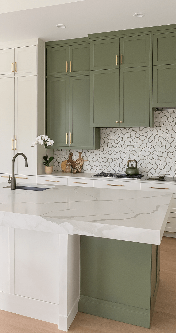 A contemporary kitchen featuring two-tone olive green upper cabinets and white lower cabinets, with a geometric tile backsplash. Soft morning light illuminates a waterfall quartz island and a minimalist design highlighted by a single orchid accent.