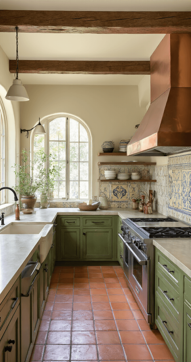 A sunlit Mediterranean-inspired kitchen featuring olive green arched cabinets, terra cotta floors, and wooden beams. A prominent copper range hood above a professional range, with wrought iron hardware and painted tile backsplash. The image is taken from a corner to highlight the architectural details and natural light streaming through arched windows.