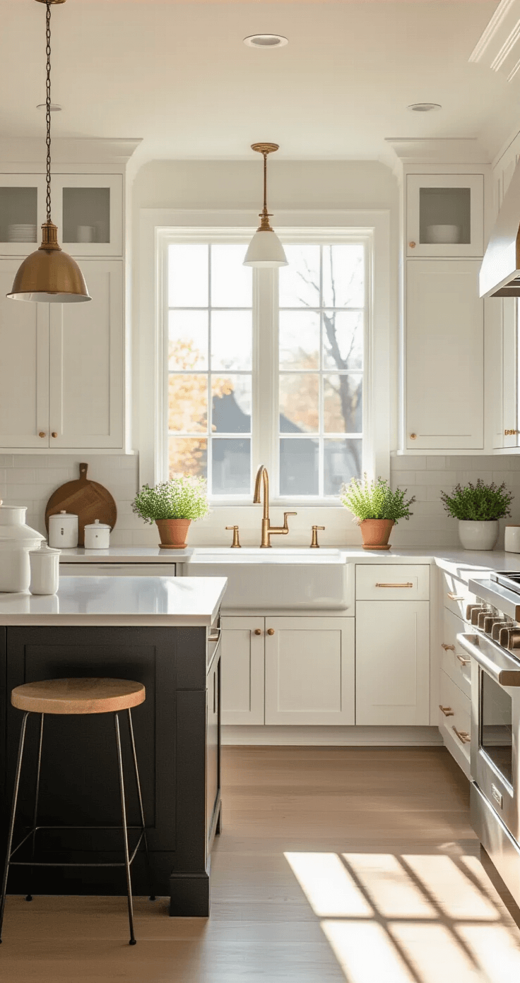 A modern kitchen with white shaker cabinets and a matte black center island, illuminated by golden hour light through a large window, featuring minimal decor and dramatic shadows.