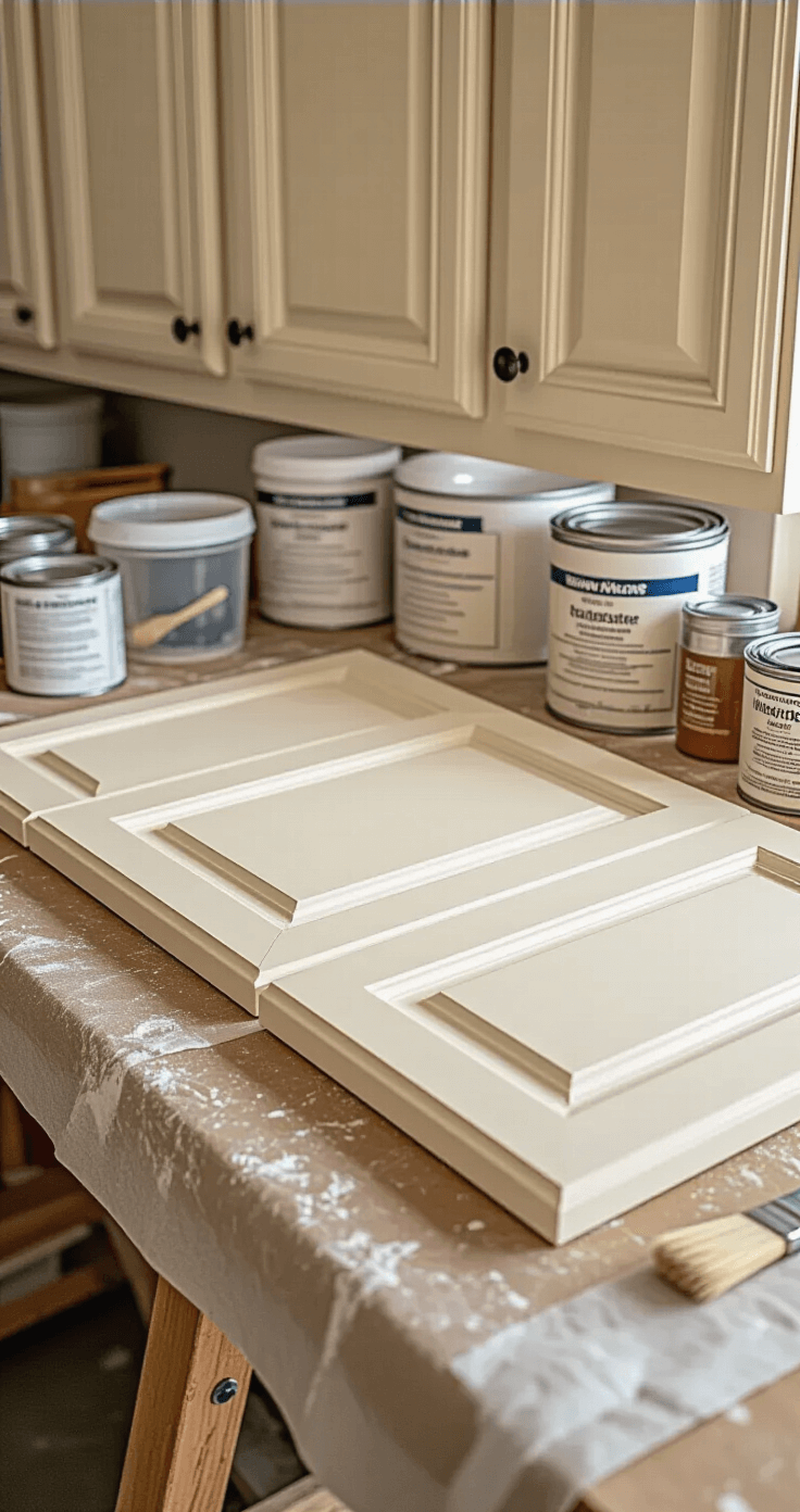 Close-up detail of kitchen cabinet painting preparation, featuring cabinet doors on sawhorses, neatly organized supplies, and macro focus on a partially sanded surface, illuminated by soft afternoon light.