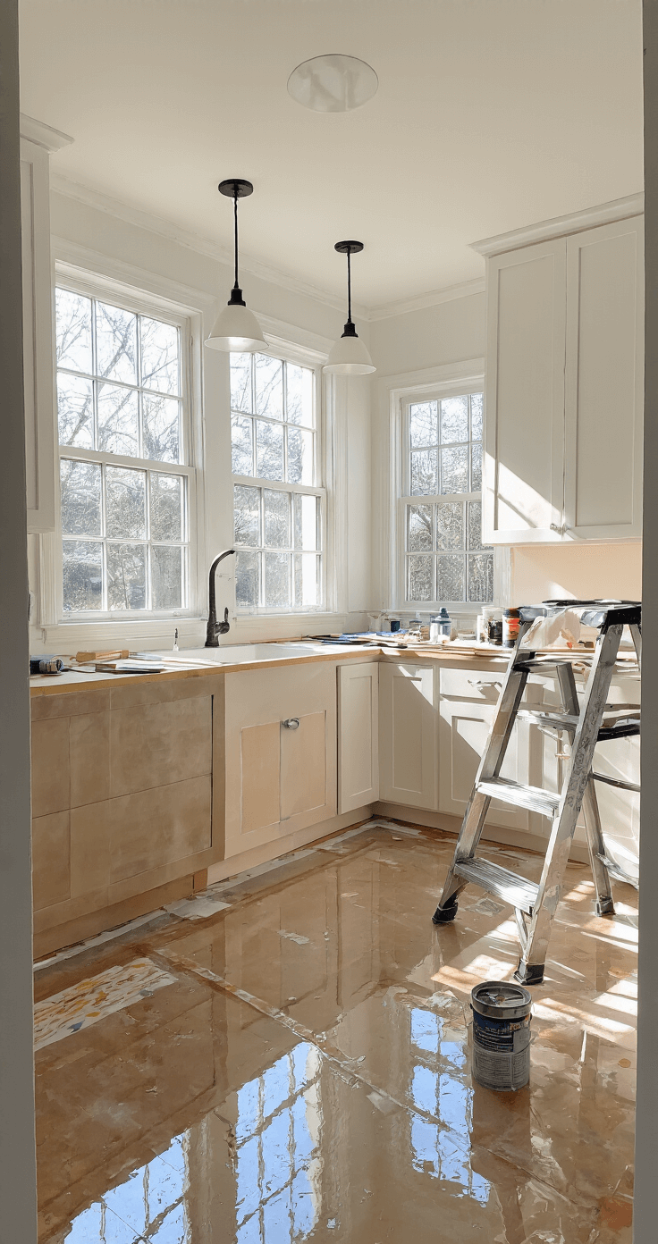 Bright, airy kitchen in renovation with sunlight streaming through windows, showcasing masked floors and countertops, primer-coated upper cabinets, and untreated lower cabinets, organized workspace, and strategically positioned stepladder, reflecting overhead pendant lights.