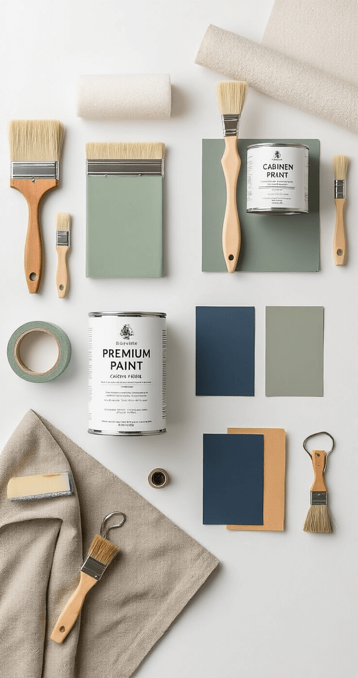 Professional flatlay of cabinet painting supplies on a white backdrop, featuring premium brushes, foam rollers, high-end primer can, paint samples in sage green, navy, and warm grey, along with sandpaper, painter's tape, a drop cloth corner, and organized hardware, all arranged to highlight quality and preparation.