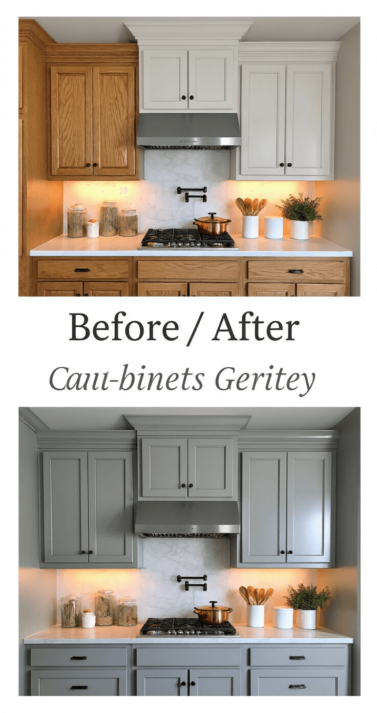 Evening kitchen scene with a split composition: left side features dated oak cabinets, right side showcases newly painted soft grey cabinets in Benjamin Moore Revere Pewter, lit by undercabinet lighting. A marble backsplash reflects warm LED light, complemented by copper cookware, white ceramics, and fresh greenery. The shot is taken straight-on with balanced lighting to enhance the contrast and eliminate shadows.