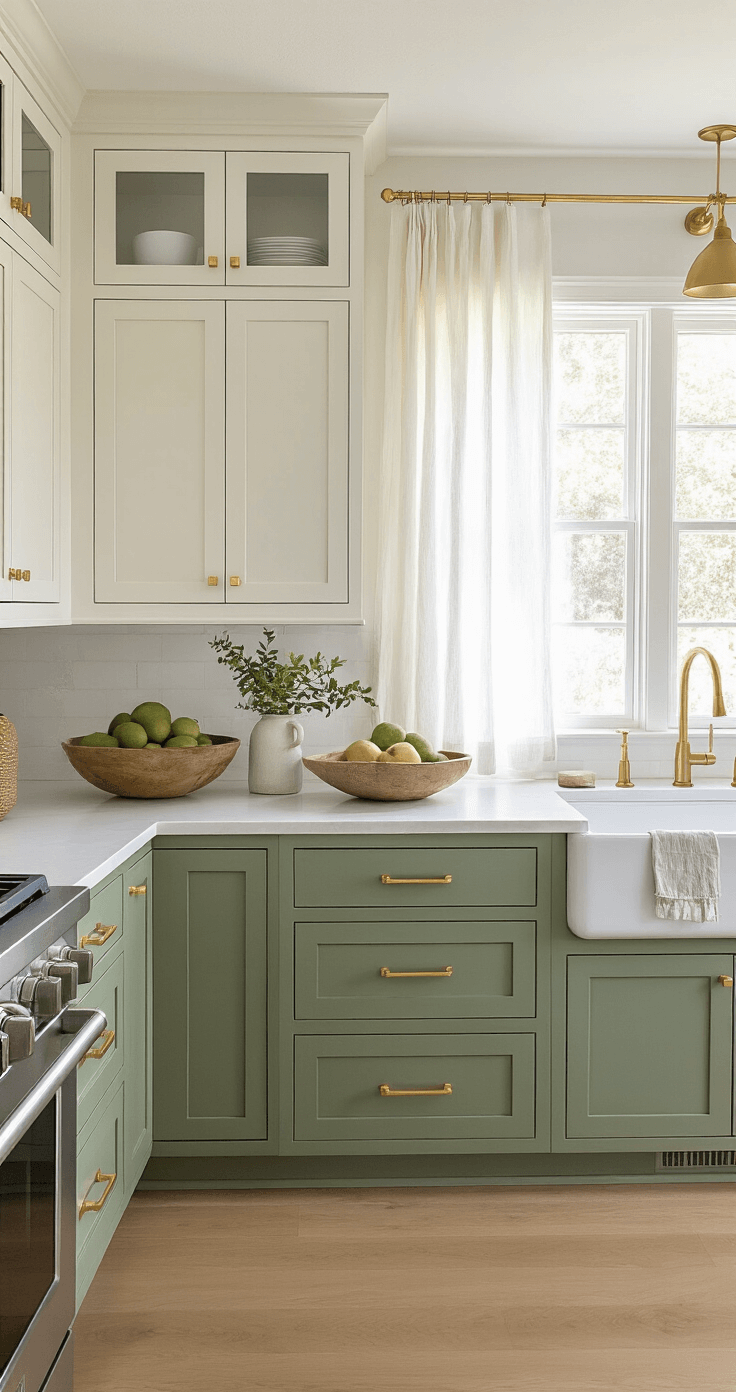 A bright kitchen featuring white upper cabinets and sage green lower cabinets, adorned with modern gold hardware. The scene is styled with artisanal pottery, linen textiles, and an architectural fruit bowl, illuminated by early morning light streaming through sheer curtains.