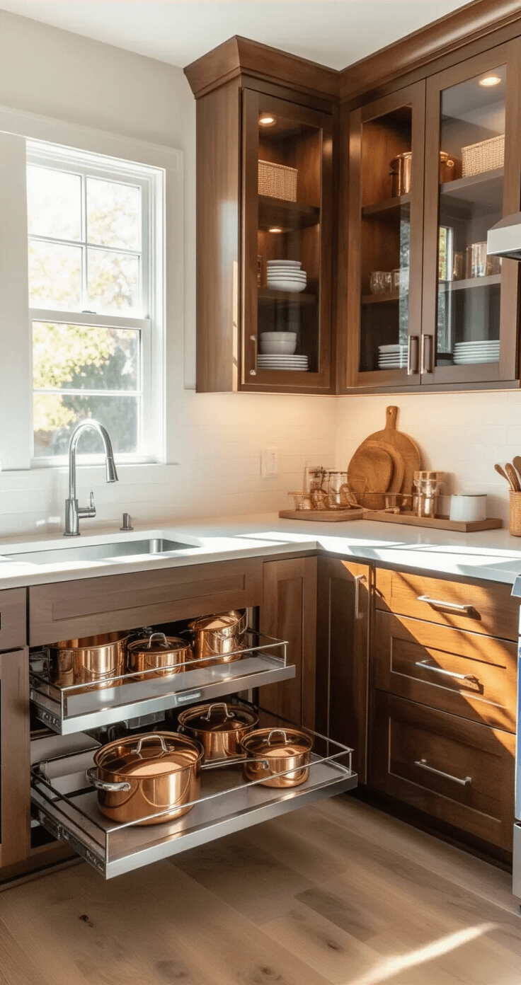 Bright, airy contemporary kitchen featuring walnut cabinets with chrome trays of copper cookware, white quartz countertops, and illuminated glass-front cabinets, photographed at eye level during golden hour with sunlight streaming through a window.