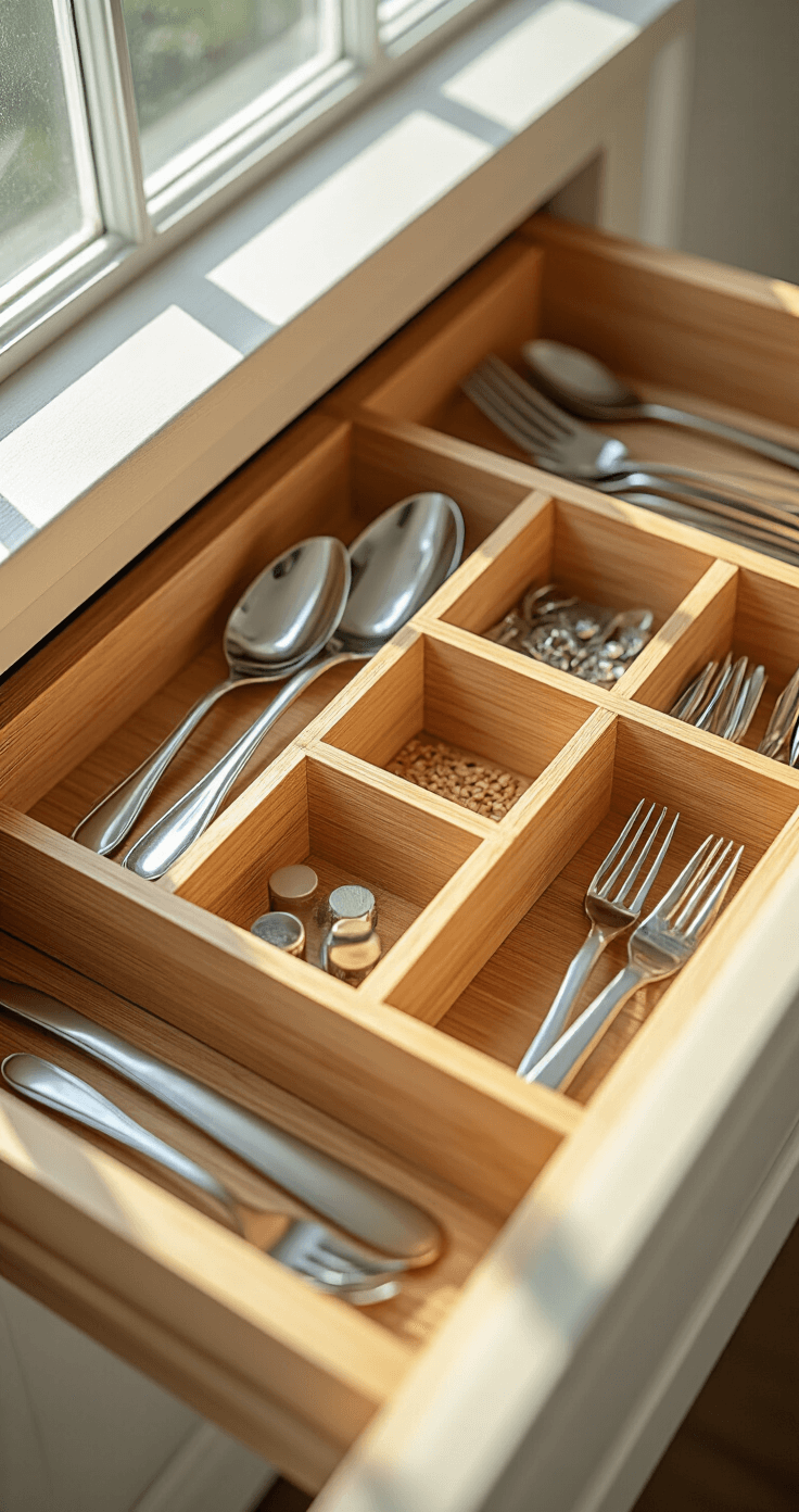 Intimate close-up of a custom drawer organization system featuring bamboo dividers and premium stainless steel utensils, illuminated by morning light, with intricate details captured through a macro lens.