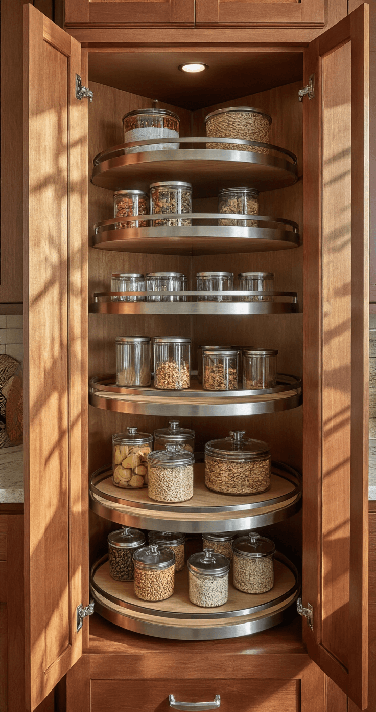 Interior of a corner cabinet showcasing a multi-tier Lazy Susan system, viewed from a low angle. Afternoon light creates soft shadows over organized rotating shelves filled with clear glass pantry containers. The rich maple wood interior contrasts with brushed nickel hardware, while leading lines direct the eye through the neatly arranged items.