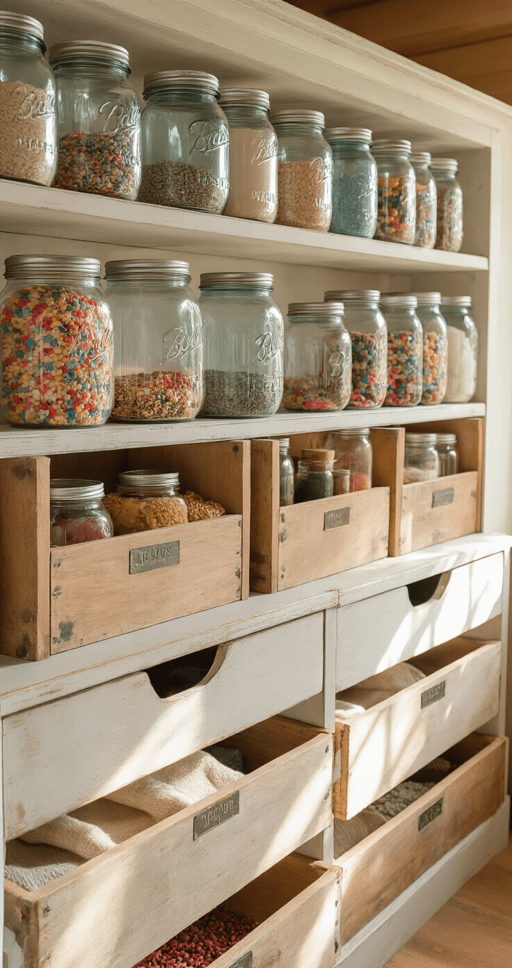 Budget-friendly DIY storage solution featuring repurposed vintage mason jars filled with colorful dry goods on open shelving, painted wooden box dividers in deep drawers, and a natural linen backdrop, captured in warm afternoon light with a shallow depth of field.