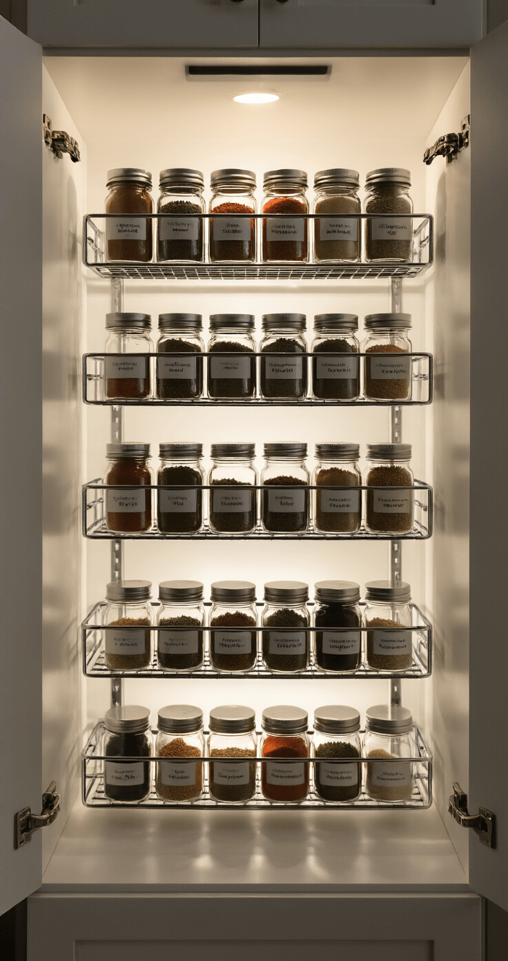 Professional spice organization system inside a cabinet, featuring tiered chrome racks with uniform glass jars labeled in front, illuminated by LED under-cabinet lighting, captured from a slight upward angle.
