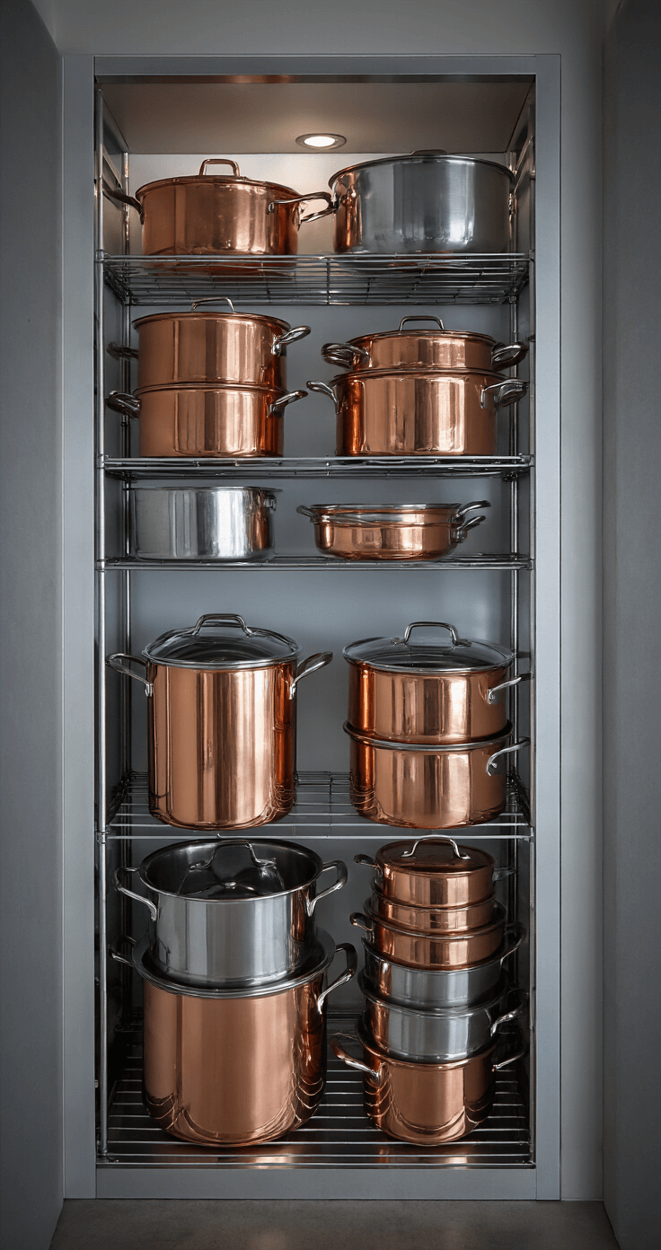 Vertical storage vignette showcasing copper and stainless cookware arranged on custom dividers, illuminated by soft overhead lighting during blue hour, highlighting textures in an industrial-modern aesthetic.