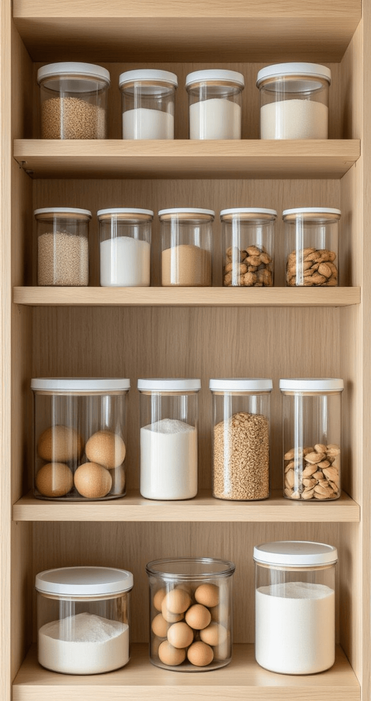 Minimalist baking cabinet interior featuring clear acrylic containers with lids on white oak shelves, organized by height and frequency of use, photographed in soft natural light for clarity.
