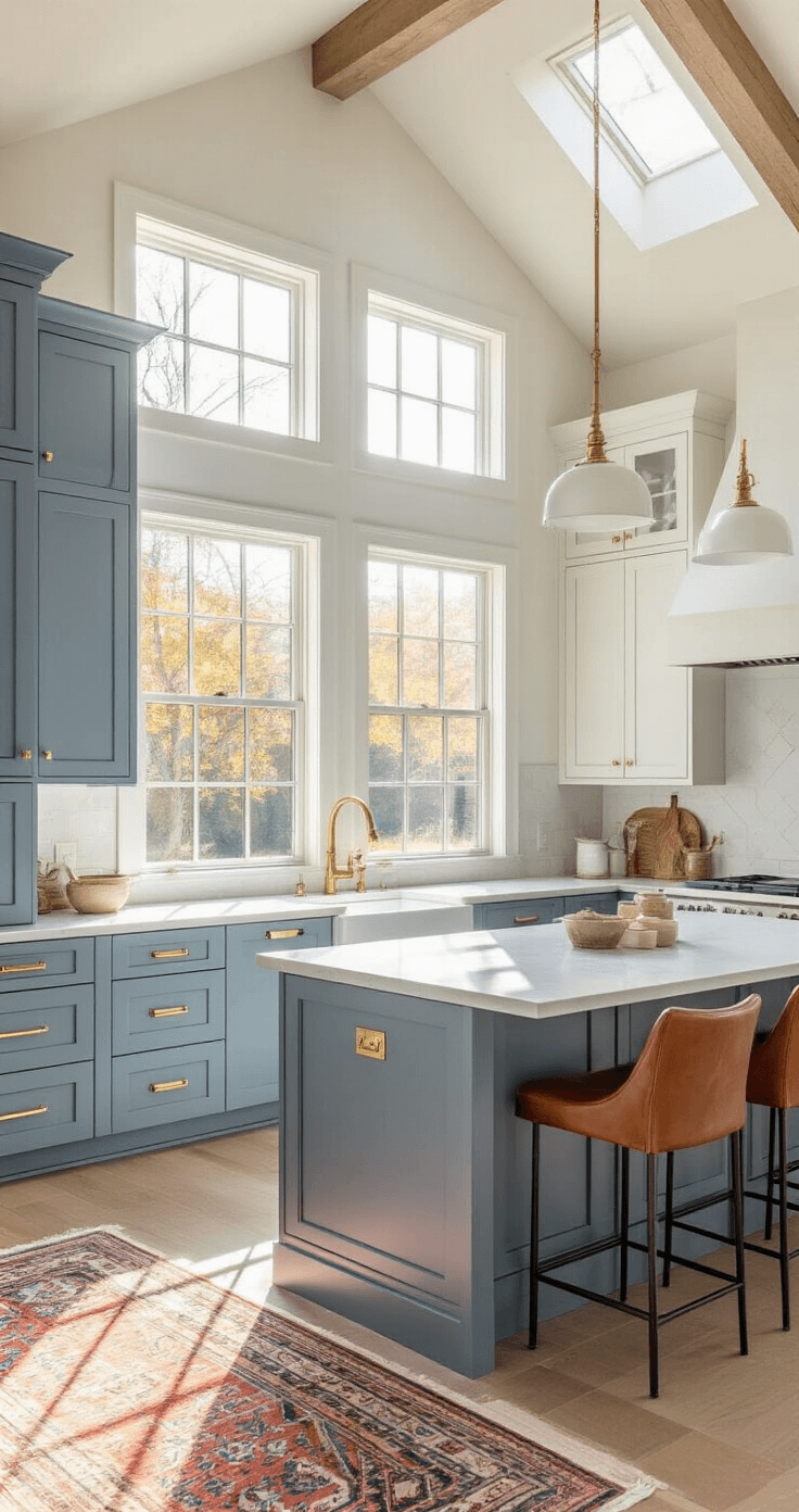 A bright 12x15ft kitchen with 10ft ceilings, blue-gray Shaker cabinets, white quartz countertops, and brass hardware, featuring a center island with leather barstool seating, illuminated by golden hour sunlight through large windows, accented by a vintage Persian runner.