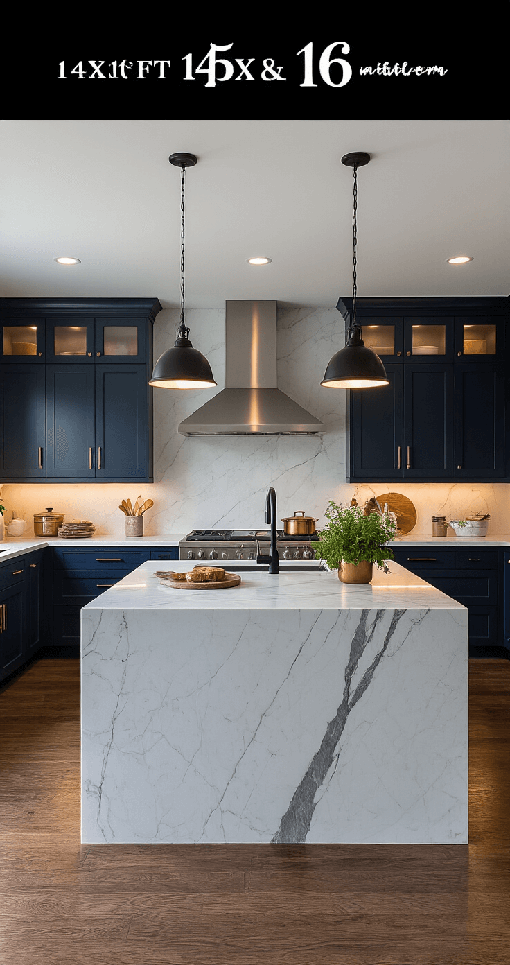 Moody kitchen interior featuring dramatic Hale Navy cabinets, under-cabinet LEDs, and pendant lights, with a large white marble island, matte black hardware, professional-grade appliances, copper cookware, fresh herbs, and rich hardwood floors, all captured in a symmetrical design.