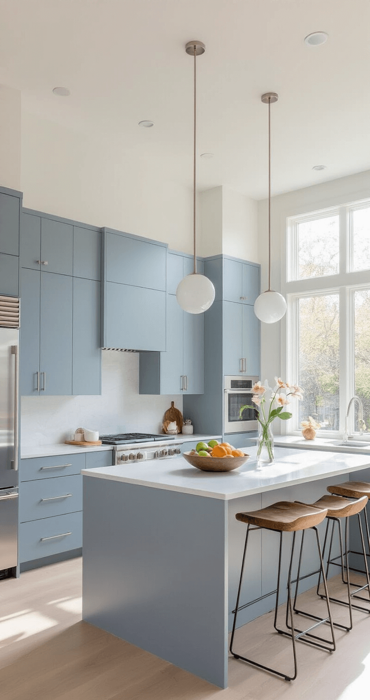 A sunlit minimalist kitchen featuring blue-gray flat-front cabinets, a large island, and floor-to-ceiling windows, styled simply with a fruit bowl and an orchid, emphasizing geometric forms and negative space.