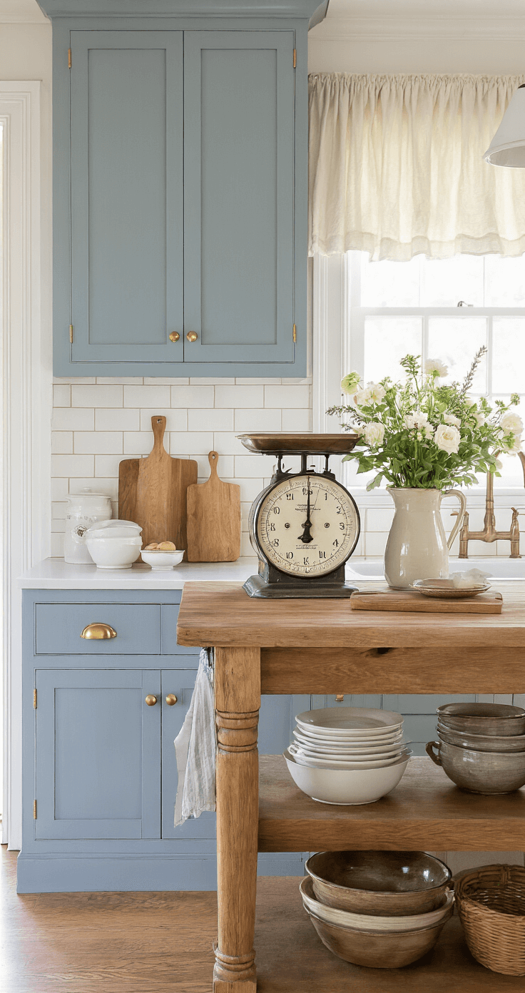 Cozy farmhouse kitchen with blue-gray Shaker cabinets, cream subway tiles, butcher block island adorned with a vintage scale and fresh flowers, bathed in morning light filtering through cafe curtains, featuring antique brass hardware and rustic decor elements.