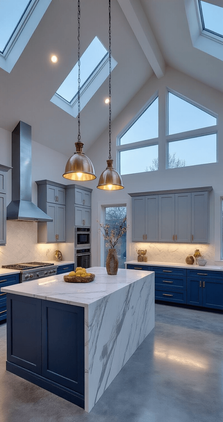 A contemporary kitchen at twilight featuring dramatic ceiling height, two-tone cabinetry in light blue-gray and deep blue-gray, a waterfall quartz island, mixed metals in hardware, and polished concrete floors, styled with geometric accessories and metallic accents.