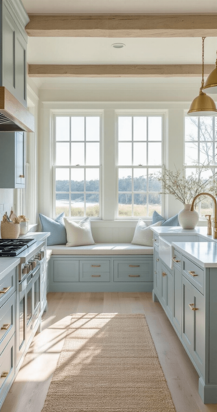 Coastal-inspired kitchen featuring pale blue-gray cabinets, quartzite countertops, and a built-in window seat, bathed in morning light with a bright, airy atmosphere and natural woven textures.