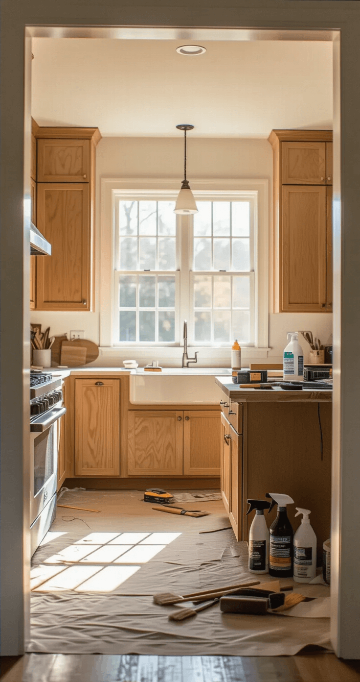 Bright modern kitchen mid-renovation, showcasing a 12x15ft space with 9ft ceilings, large window allowing morning light to illuminate dust particles, organized tools on the island, and cabinet doors on a dropcloth, with a close focus on a cabinet face showing half sanded and half original surface.