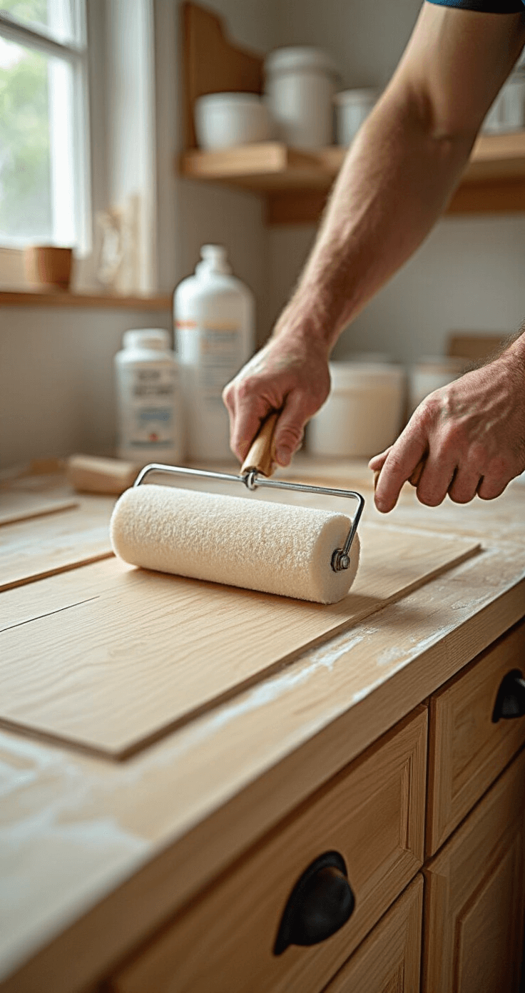 Close-up shot of a kitchen cabinet door being primed with a foam roller, showcasing wood grain texture and organized painting supplies in a well-lit workshop.