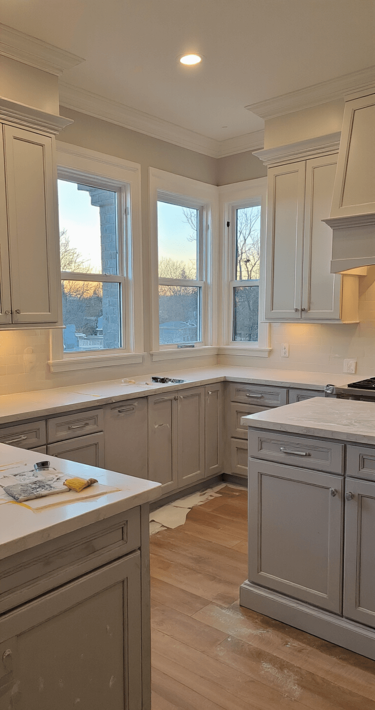 A wide-angle view of a transitional kitchen painting scene during golden hour, showcasing various cabinet doors in different stages of painting with soft gray Sherwin-Williams Emerald Urethane, surrounded by meticulous masking and a professional painting station with ventilation.