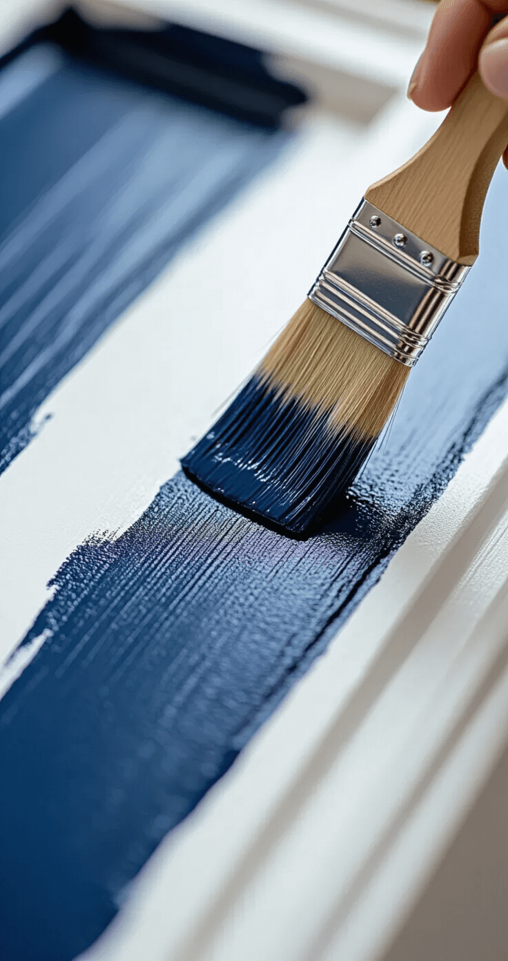 Close-up of a brush applying rich navy satin paint onto a white primer cabinet detail, showcasing the brush bristles, paint consistency, and controlled studio lighting for an educational focus on craftsmanship.