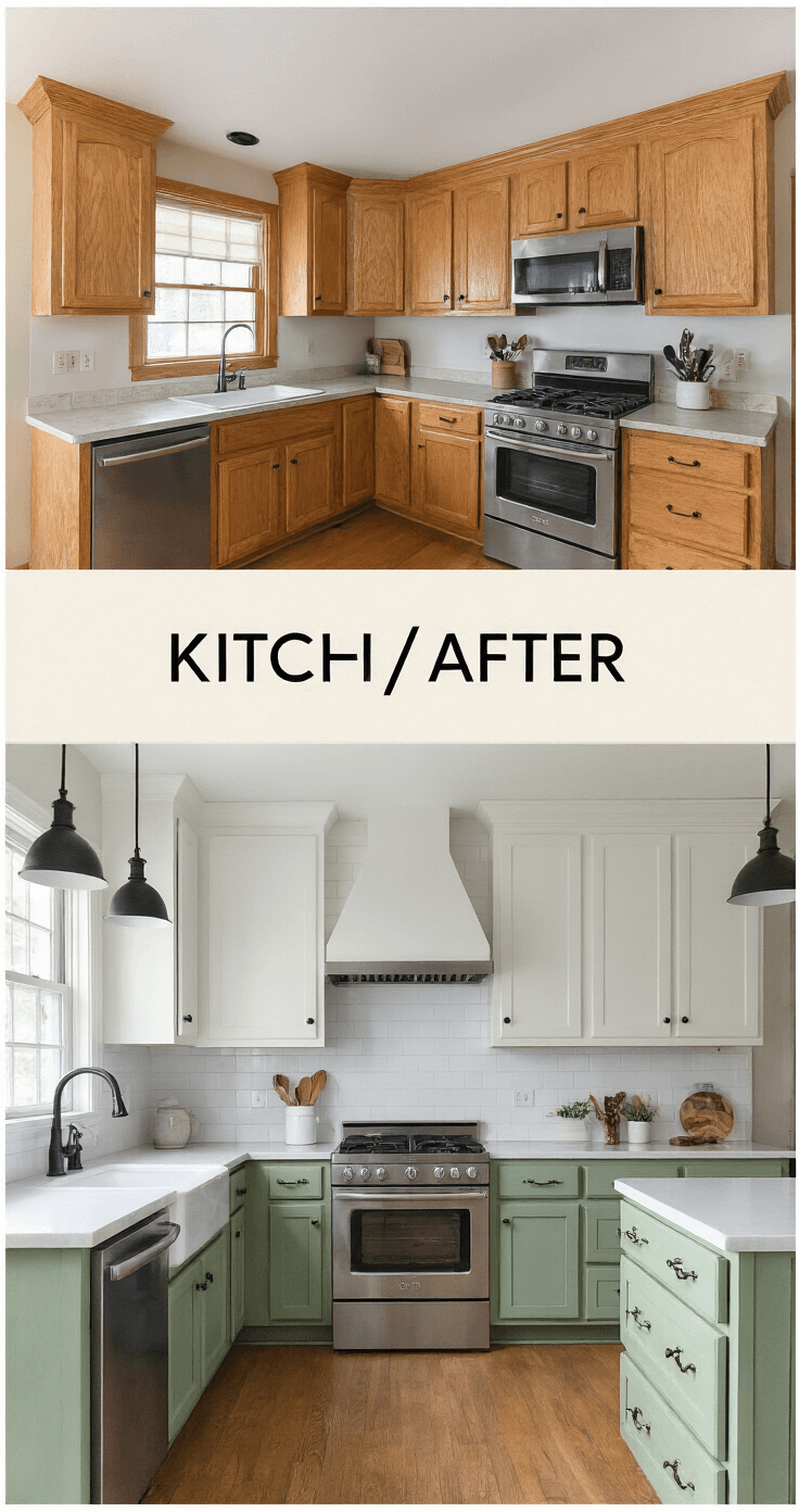 Before-and-after split frame of a kitchen corner showing dated oak cabinets on the left and a transformed sage green painted finish on the right, complete with matching hardware. The scene is styled with minimal decor under natural morning light and professional fill, highlighting the renovation's dramatic impact.