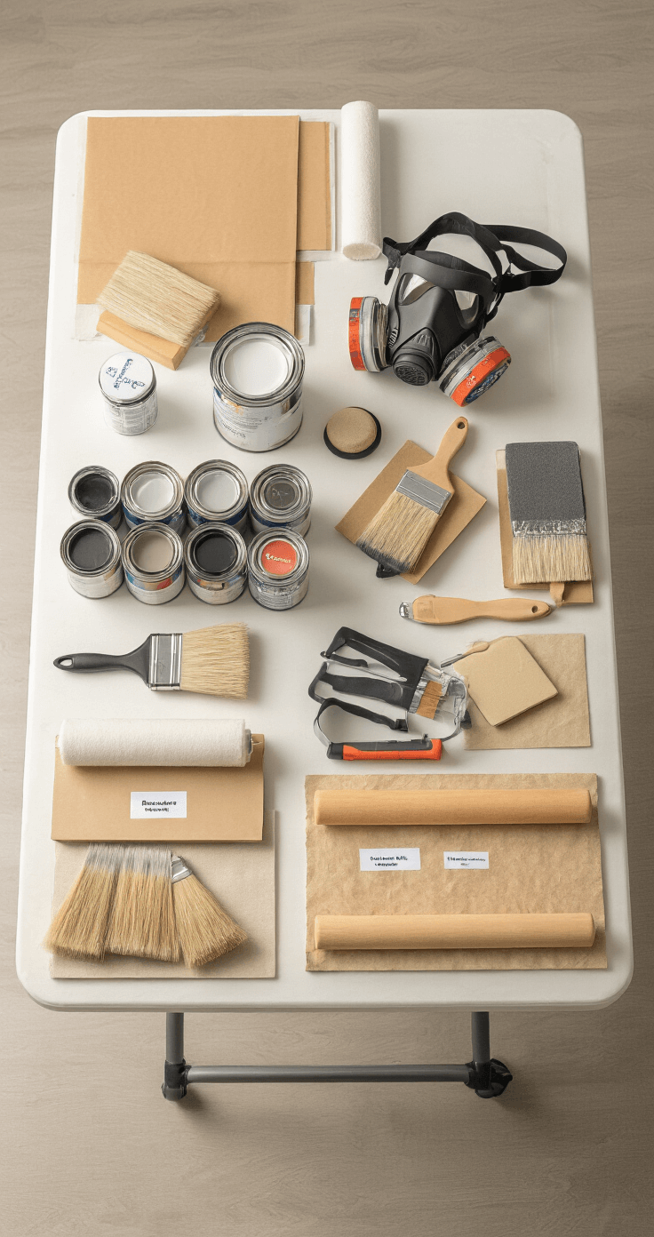 Bird's eye view of a well-organized workspace featuring a 6ft folding table with premium painting supplies, including brushes, rollers, high-end paint cans, a respirator, and sandpaper. Color-coded labels and a systematic arrangement highlight a clean, methodical preparation atmosphere, illuminated by soft box lighting for a shadow-free environment.