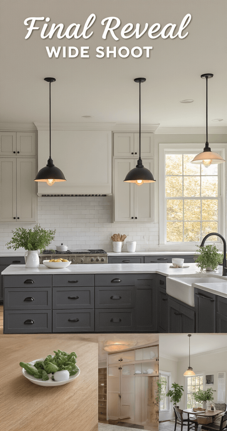 A wide-angle view of a beautifully transformed kitchen during golden hour, showcasing charcoal gray cabinets with matte black hardware, pendant lights emitting a warm glow, styled white ceramics and greenery on the countertops, and soft lighting complemented by natural backlighting through the windows.