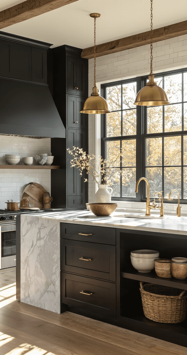 Modern farmhouse kitchen featuring dark espresso Shaker cabinets, a marble waterfall island, and a white subway tile backsplash in late afternoon sunlight. Brass pendant lights illuminate the space, highlighting wide plank oak floors and vintage ceramic bowls on open shelving. The camera captures the depth of the room from the entrance, creating a warm golden hour ambiance.