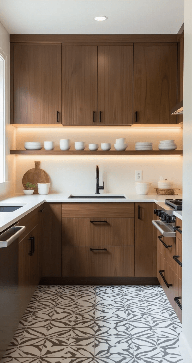 Compact galley kitchen featuring rich walnut flat-panel cabinets, creamy quartz countertops, and under-cabinet LED lighting, with minimalist white ceramics on floating shelves and a geometric gray/white cement tile floor, all captured from an elevated perspective.