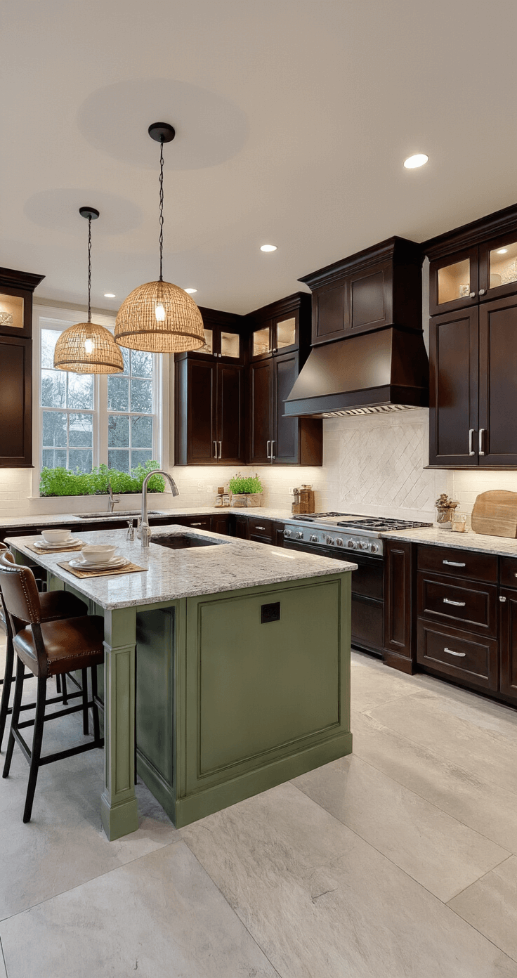 A low-angle shot of a spacious open-concept kitchen at dusk, featuring dark chocolate raised-panel cabinets with glass uppers, a sage green island with leather barstools, and polished granite counters with dramatic veining. Woven pendant lights illuminate the area, creating an intimate atmosphere, while an herb garden sits in the window, all within a transitional style that blends traditional and modern elements.