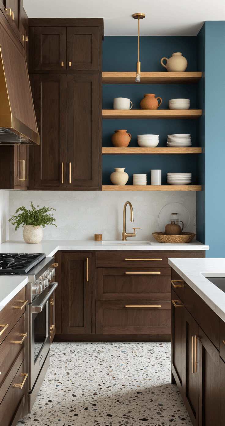 An L-shaped kitchen featuring deep brown slab cabinets with integrated handles, an ocean blue accent wall, and brushed gold fixtures. White oak open shelving displays artisanal pottery, while terrazzo flooring adds visual texture. The layout is captured with a wide-angle lens, highlighting natural light enhanced by strategic pot lights in a California casual meets modern luxury style.